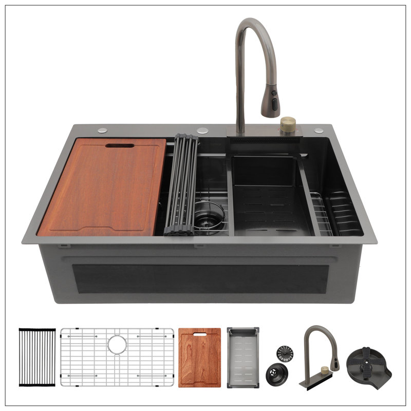 Évier de cuisine à cascade encastré noir Gunmetal - éviers de cuisine à rebord à cuve simple en acier inoxydable de calibre 16 de 33 po et 22 po avec robinet coulissant et laveuse à gobelets