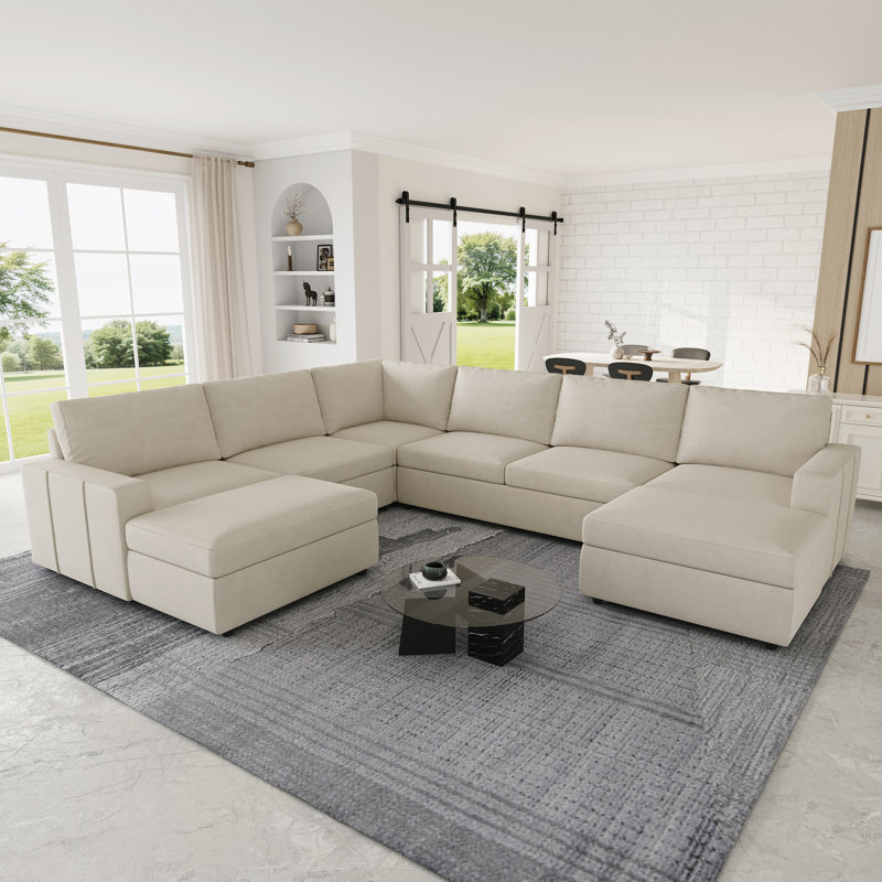 Canapé modulaire de rangement en U avec deux repose-pieds, Velours beige