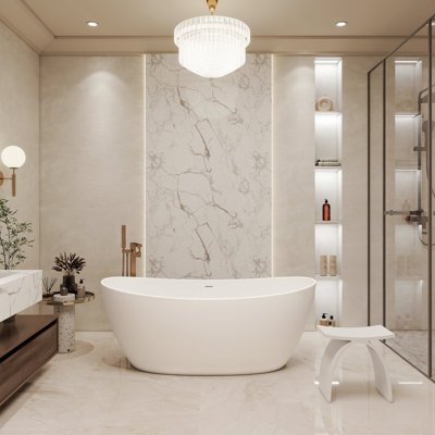 Giselle 65" x 34" Freestanding Solid Surface Soaking Bathtub in Matte White with Drain and Integrated Overflow