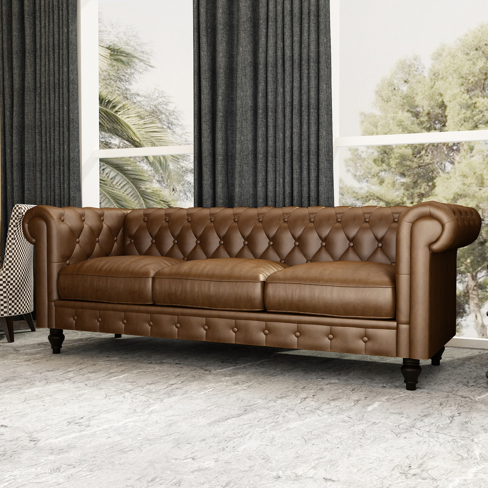 Canora Grey Brown Pu Rolled Arm Chesterfield 3-Seater Sofa