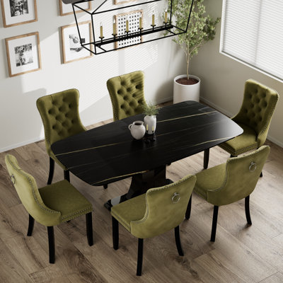 Rectangle Marble Texture Pedestal Dining Set with Velvet Tufted Dininig Chair