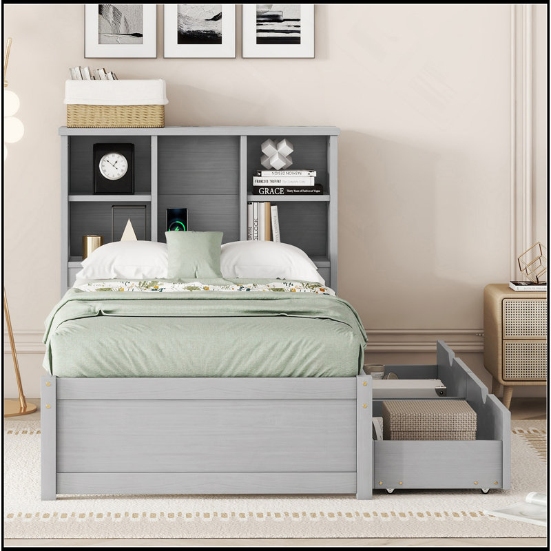 Élégante base de lit simple avec port USB, tiroirs et tête de lit bibliothèque, Blanchies