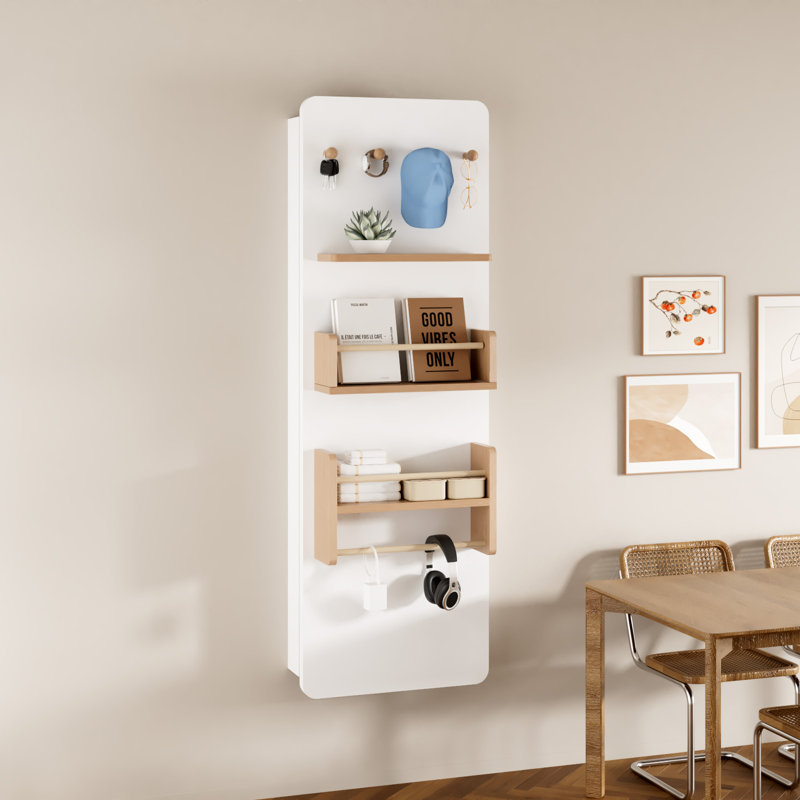 Armoire à planche à repasser murale avec porte coulissante, tablette, crochets et tringle, Blanc