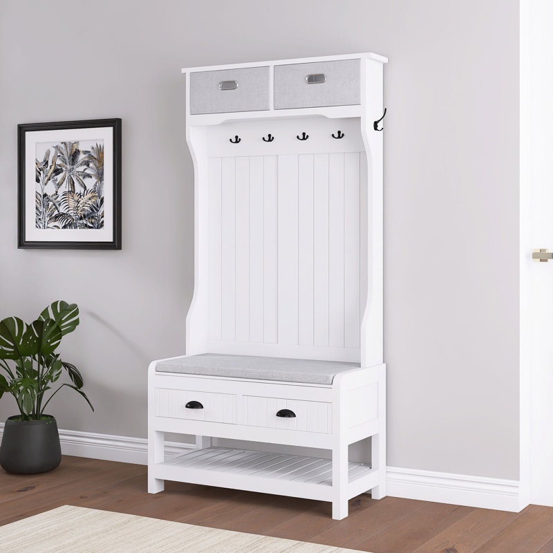 69 In. Black MDF Hall Tree With 6 Hooks And Hinged Lid, Blanc