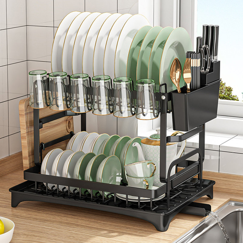 Black 2-Tier Foldable Metal Dish Drying Rack with Utensil Cup