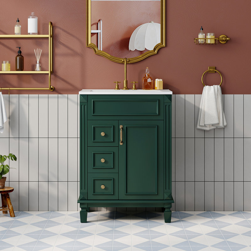 Meuble-lavabo de style français élégant avec lavabo en céramique, Vert