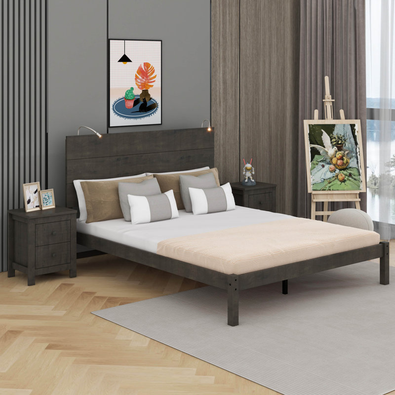 Ensemble de chambre à coucher 3 pièces avec lit plateforme double avec deux lumières de chevet, Gris antique, Grand