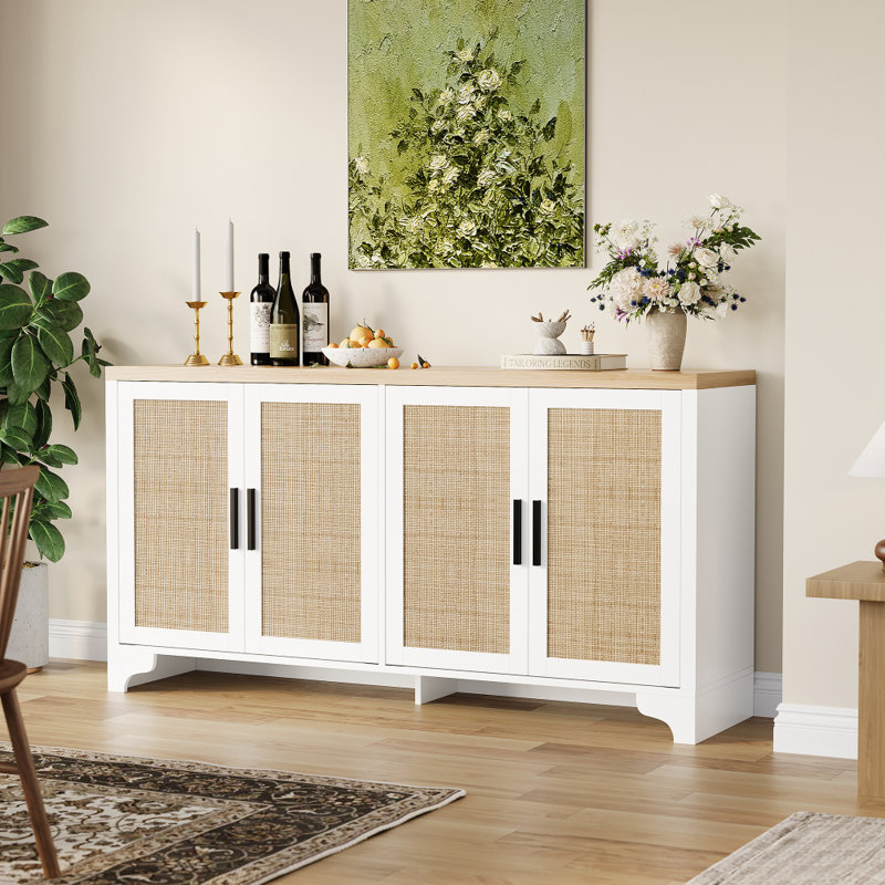 Armoire de rangement 62 pouces avec 4 portes et tablettes, table d'appoint de style campagne moderne, console en bois avec rangement pour la cuisine et la salle à manger