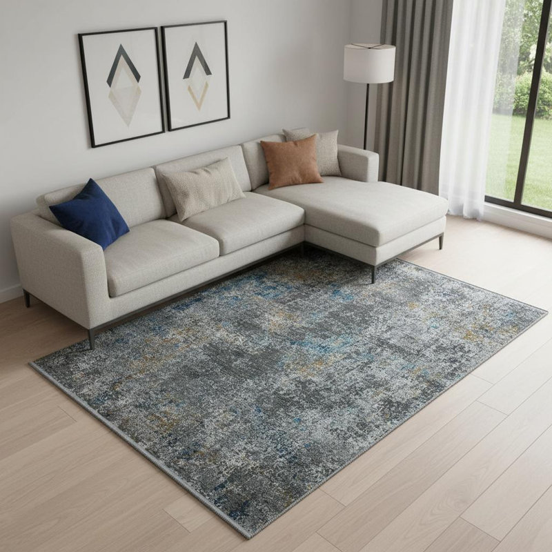 Tapis abstrait bleu et gris 7 pi x 10 pi avec franges