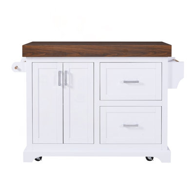 53" Large Kitchen Island with 3.5" Thick Desktop, Storage Drawers & Towel Rack (White)