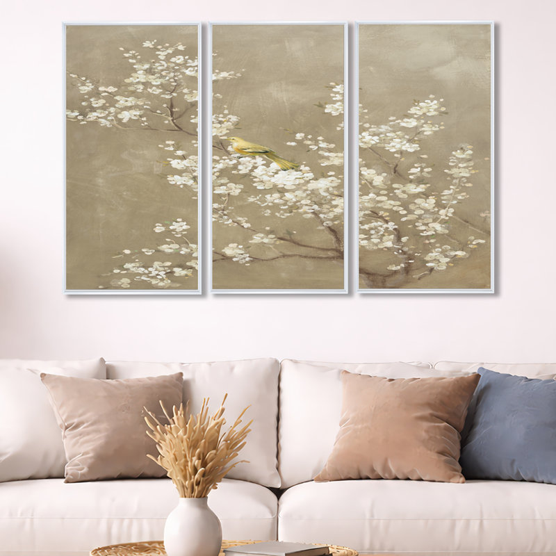 «Cherry Blossom III», reproduction sur toile flottante 3 pièces, L 36 po x H 20 po, Cadre blanc
