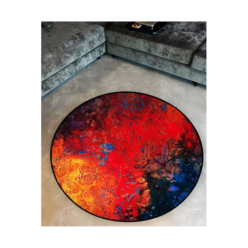 Red Themed Abstract Patterned Round Woven Base Modern Decorative Carpet, Round 2'8"