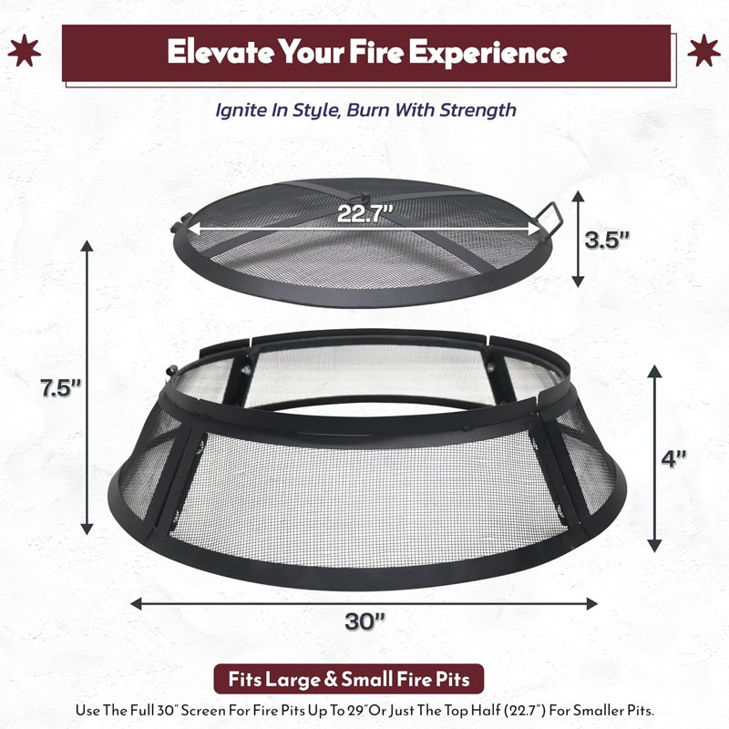 Febtech- Fire Pit Screen 30 Inch Round - Heavy Duty Ember Arrester Fire Pit Spark Screen Steel Mesh Cover - Firepit Spark Screen Round With Hook For Outdoor Ring Cover & Firepit Insert