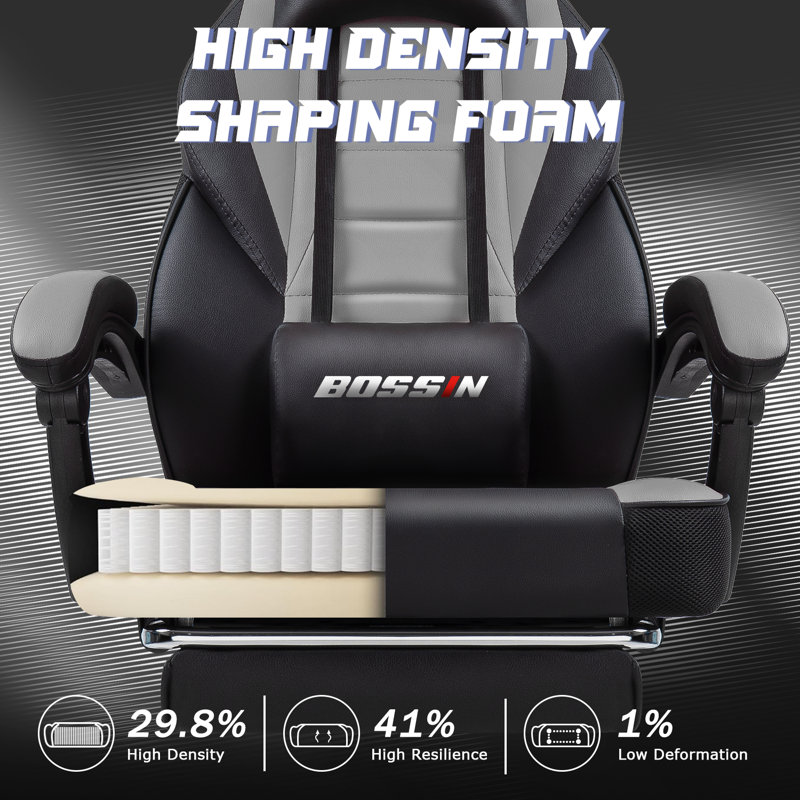 BOSSIN Gaming Chairs with Footrest, Ergonomic Computer Game Chairs with Lumbar Support, Gray/Black