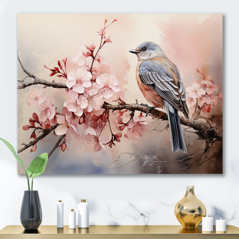 Oiseaux roses et bleus sur un arbre en fleurs de cerisier II, Toile tendue, H 24 po x l 32 po x P 1 po