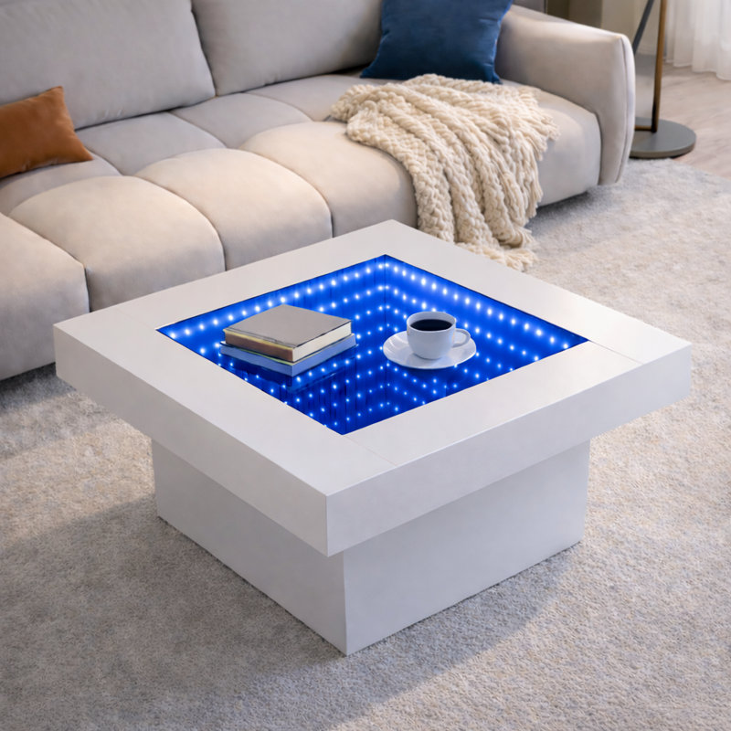 Table basse 31,5 "à DEL avec miroir Infinity Modern avec lumières RVB et rangement, plateau en verre trempé blanc, Blanc