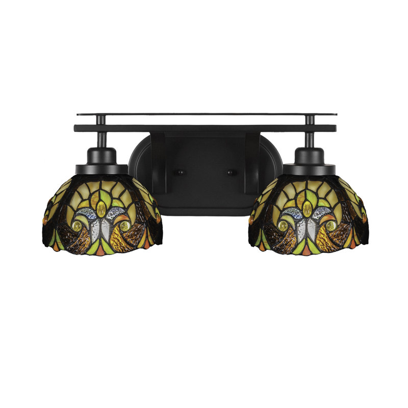 Barre d'éclairage de salle de bain 2 lumières Estella avec verre d'art cyprès de 7 po Estella, Jaune, Noir mat