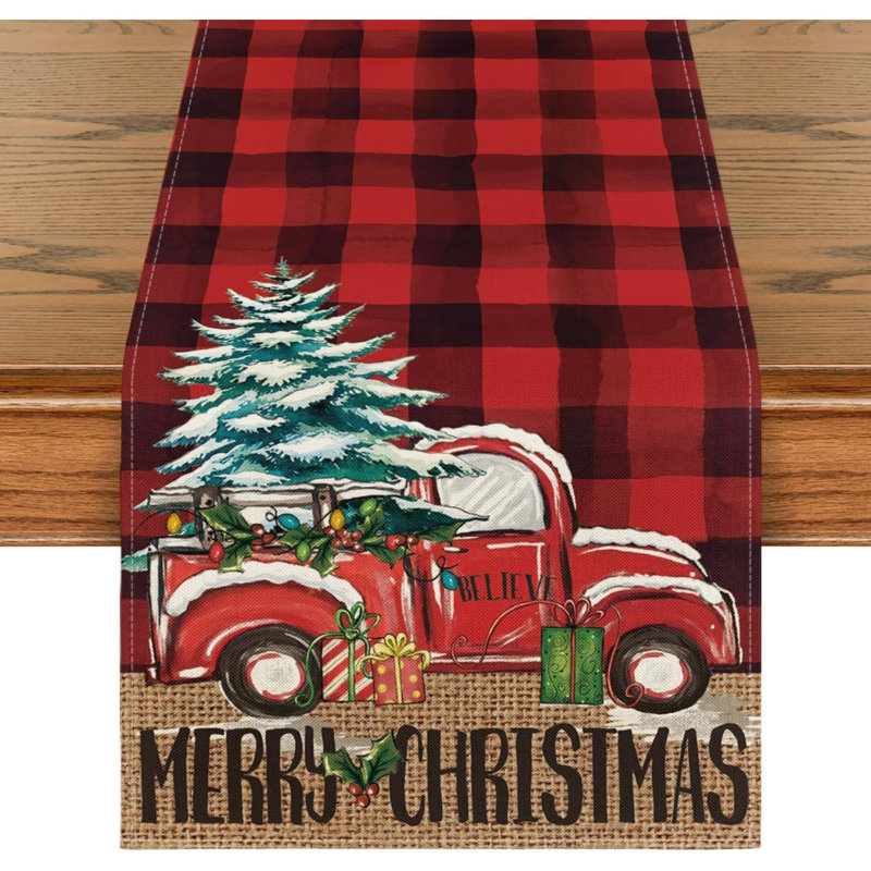 Chemin de table Buffalo Plaid Merry Christmas, 72 po x 13 po, Noir / Rouge