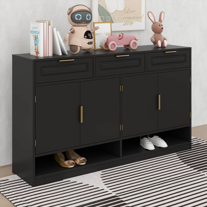 Buffet de style campagnard avec 3 tiroirs et 4 portes, tablette réglable et compartiments de présentation ouverts, Noir