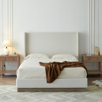 King Size Bed With Cream White Boucle Upholstery, 53.1" High Wingback Headboard, Minimalist Rustic Aesthetic, Metal Base Upholstered Bed, Tall Style,