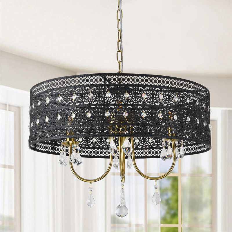 Modern Luxury 4-Light Black Lace Drum Crystal Chandelier with Adjustable Gold Chain