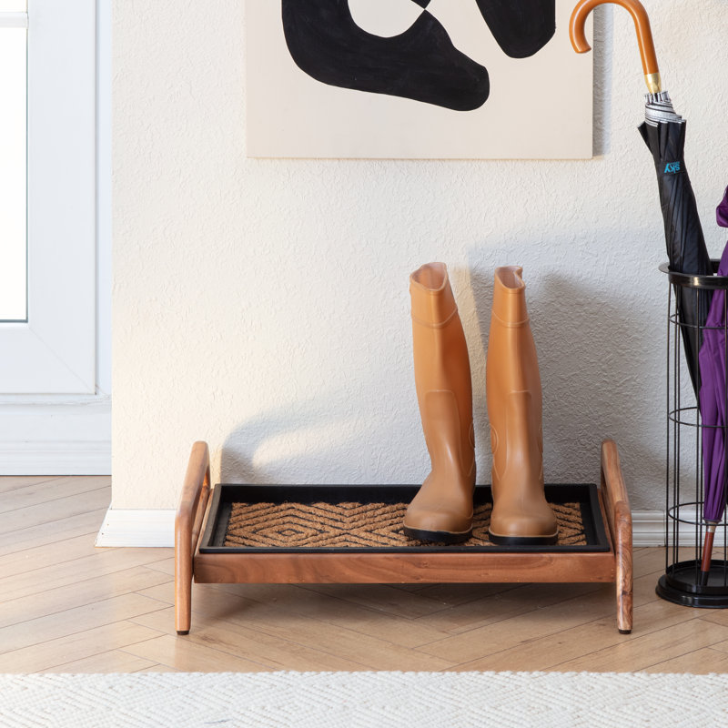Support à bottes en bois massif de qualité supérieure avec tapis en fibre de coco naturelle - Rangement pour chaussures