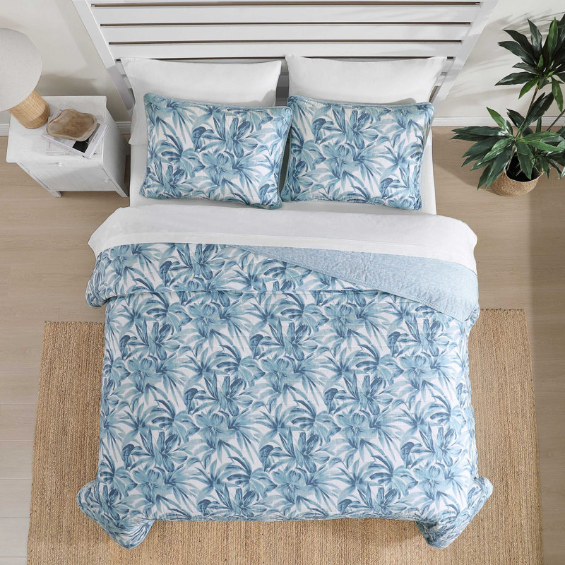 Tommy Bahama Aubrey Cotton Reversible Quilt Set, Blue Floral, Queen Quilt + 2 Standard Pillow Shams