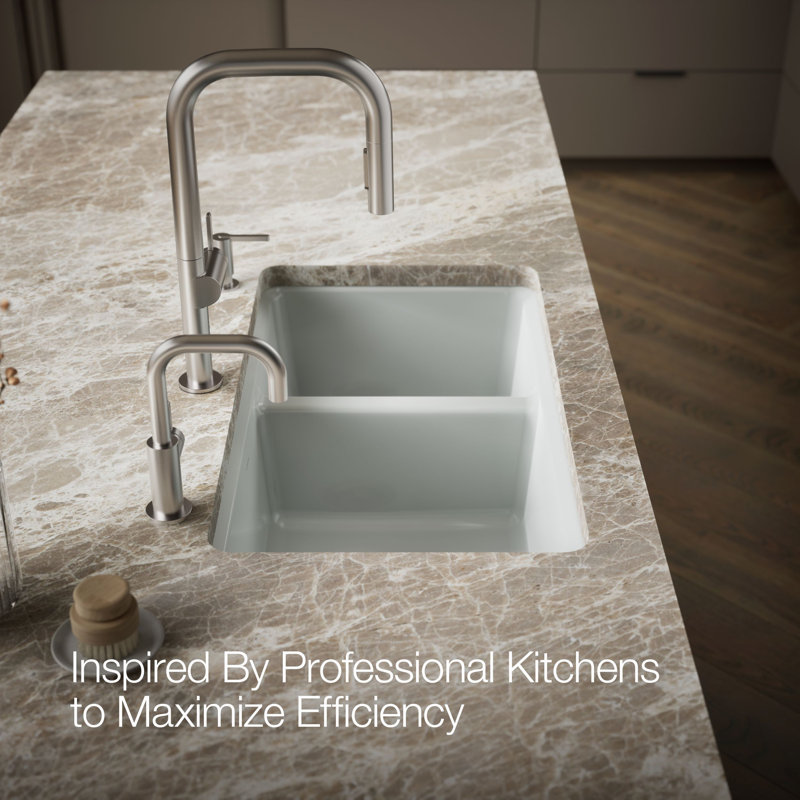 Riverby 33" Enameled Cast Iron Undermount Double Basin Kitchen Sink, Ice Gray