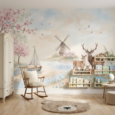Papier peint de printemps avec motif de famille de cerfs amovible
