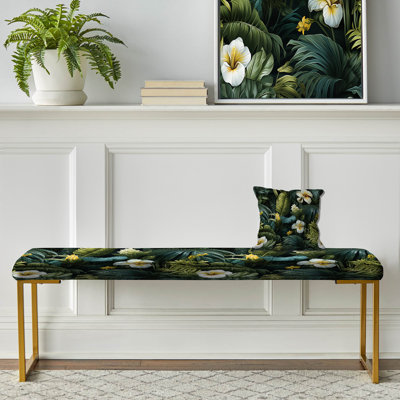 Tropical Hibiscus Foliage Collage - Floral Upholstered Gold Bench