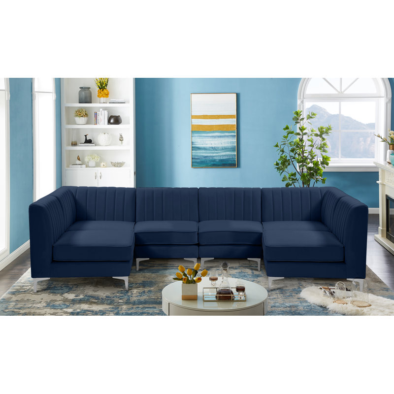Enson Velvet U-Shaped Sectional Reversible, Navy Velvet