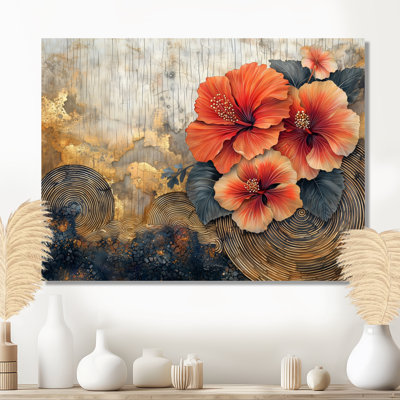 Fleurs d'hibiscus sur un horizon en bois II - Hibiscus, impression murale sur métal