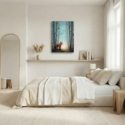 Red Fox in Teal Misty Birch Trees with Orange Leaves Canvas Wall Art