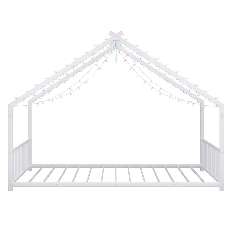Cadre de lit double pour enfant avec bandes lumineuses à DEL, cadre en fer en forme de toit, blanc, L 78,5 po x l 55,9 po x H 58,4 po