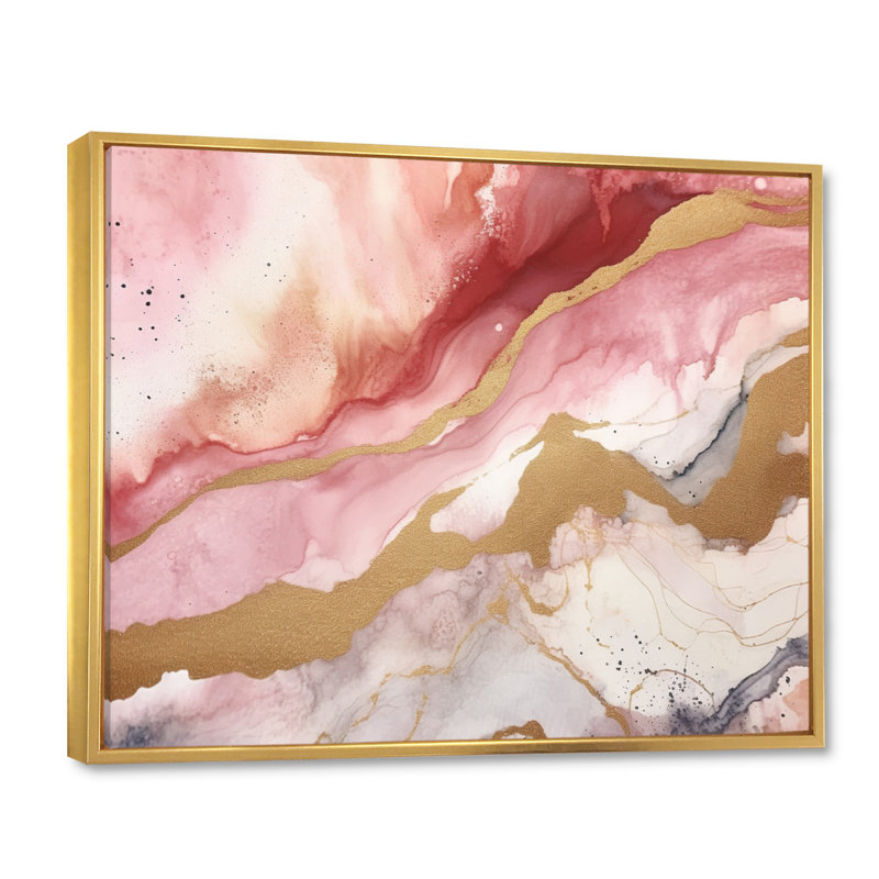 Pink And Gold Enchanted Spills I - Abstract Canvas Print, 24" H x 32" W x 1" D, Gold Floater Framed
