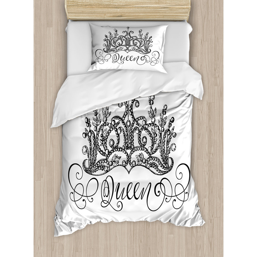 Hand Drawn Crown with Queen Lettering Baroque Style Ancient Elements Calligraphy Duvet Cover Set Ambesonne 