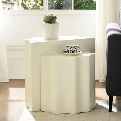 2Pcs, Fiberglass Coffee Table , Wavy Edges, Beige Color, Modern And Simple, No Assembly 2Pcs End Table, Soft Contemporary Graceful, Assembly, Living Room Accent
