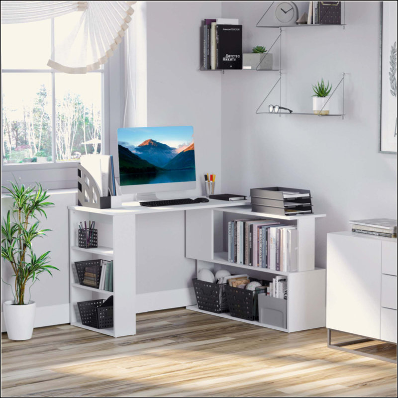 Bureau d'angle en L, bureau à domicile rotatif à 360 degrés avec tablettes de rangement, poste de travail de table d'écriture