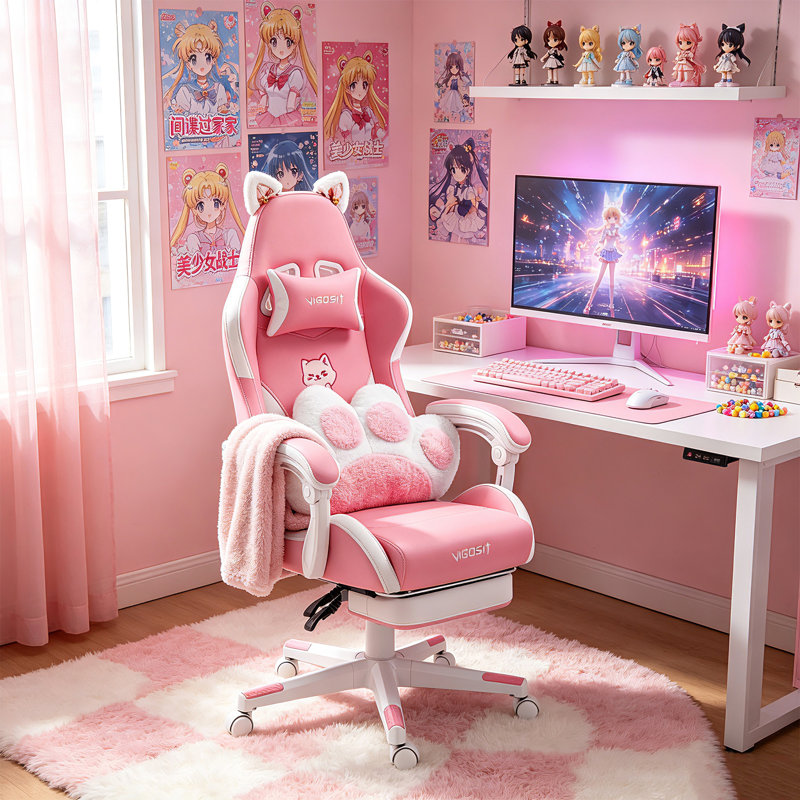Chaise de jeu rose avec oreilles et griffes de chat amovibles, adaptée aux adolescentes.