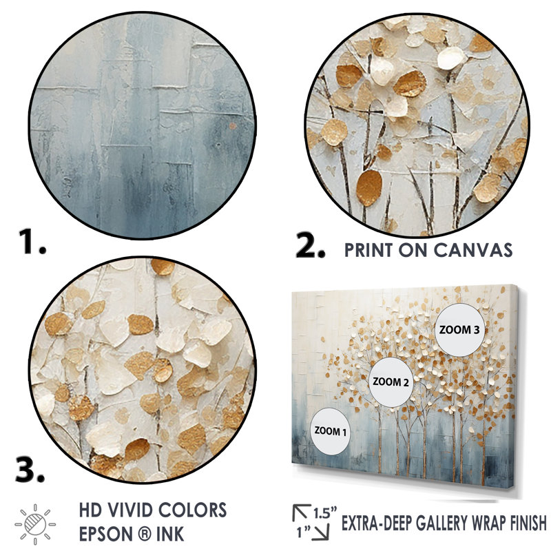 Harmonie d'arbres dorés et bleus V - Arbres, reproductions encadrées, H 16 po x l 32 po x P 1 po, Toile tendue