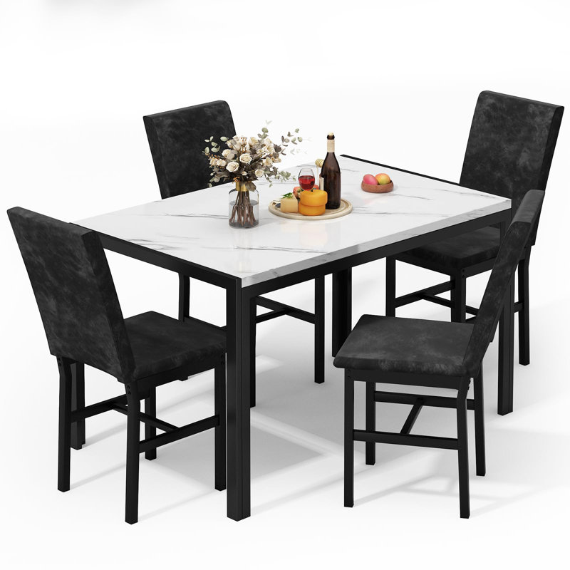 5-Piece Faux Marble Dining Table Set with Velvet Chairs, White