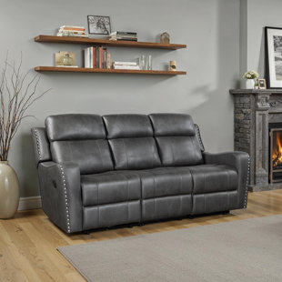 Ikher 82" Modern & Contemporary Sofa - Polished Microfiber Three-Seat Recliner with Stylish Nailhead Trim, Comfortable High-Density Foam Seats, and Easy Pull-Handle Recline.