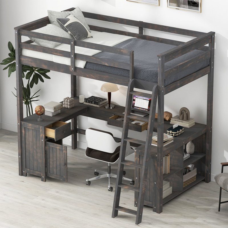Lit mezzanine double avec bureau en U, Brun antique