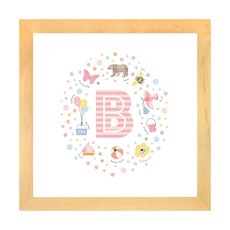 Lettre illustrée B rose - impression, Papier avec cadre beige, Blanc, H 24 po x l 24 po x p 1 po