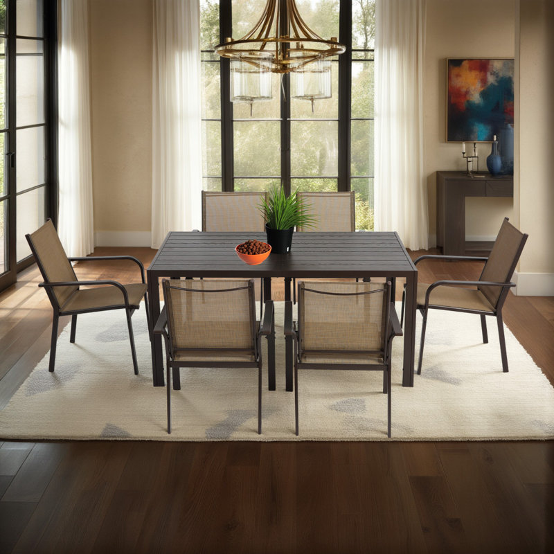 Ensemble de salle à manger 7 pièces pour patio avec table rectangulaire et 6 chaises empilables en polyester enduit de PVC, meubles de jardin