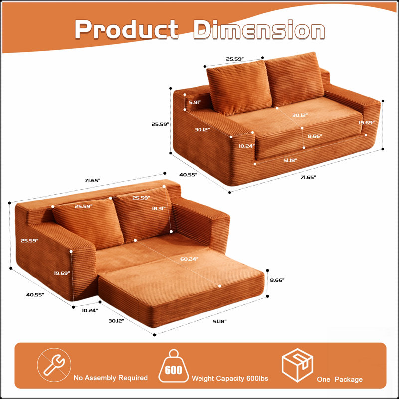 Canapé-lit confortable à assise profonde, petit canapé en velours côtelé moderne pour le salon et la chambre à coucher, coussins réversibles avec coussins, aucun assemblage requis