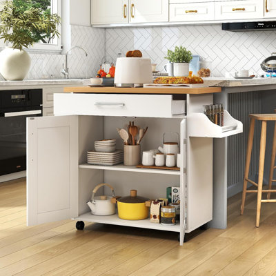 Îlot de cuisine sur roulettes, chariot de rangement à roulettes avec grande armoire, tiroir, support à épices et porte-serviettes, utilitaire de service de cuisine, tablette réglable à 3 positions (blanc)