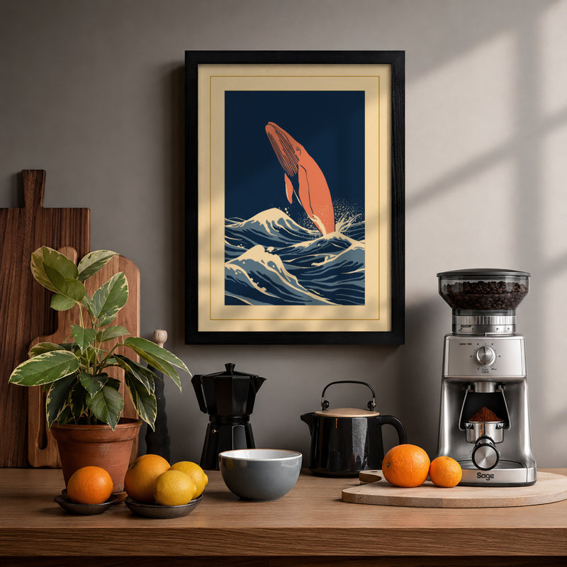 Whale Breaching Japandi - Framed Print, A1 - 84.1 x 59.4 cm, Black