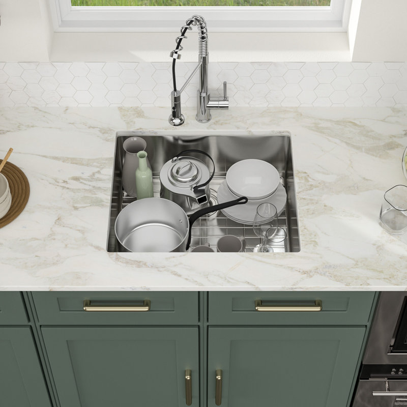 25'' L x 22'' W Undermount Stainless Steel Single Bowl Kitchen Bar Sink with Basket Strainer