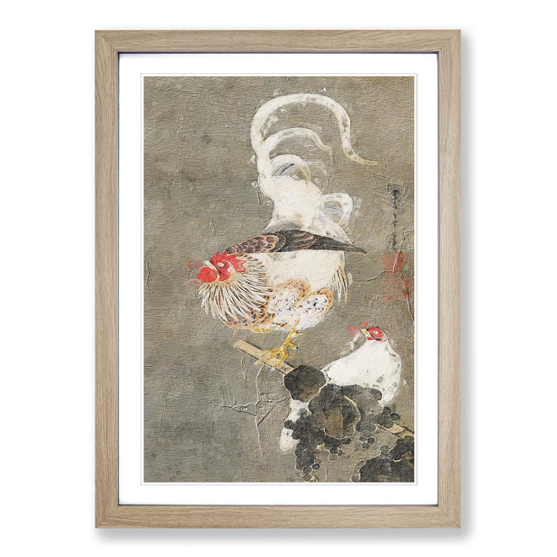 Hen & Rooster by Ito Jakuchu - Picture Frame Painting Print on MDF, Oak Framed, 48cm H x 36cm W x 2cm D